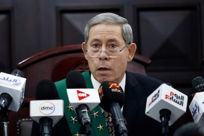 Egyptian judge Bahaeldin al-Merri speaks during the first trial session of Mohamed Adel, the presumed murderer of university of Mansoura student Naira Ashraf, at the Mansoura courthouse, some 145km north of the capital Cairo, on June 26, 2022. (Photo by Khaled DESOUKI / AFP)