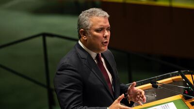 Ivan Duque, Colombia's president, speaks during the UN General Assembly meeting in New York, U.S. Colombia will give the UN a 128-page dossier that contains evidence that "demonstrates the complicity of the regime of Nicolas Maduro with terrorist cartels that attack Colombians," said Duque. Bloomberg