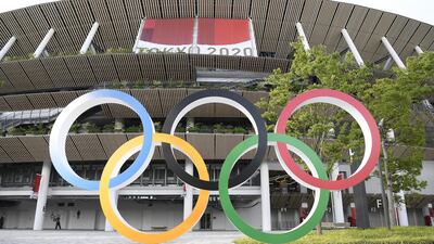 The Olympic Rings are seen in front of the National Stadium, the main stadium of the Tokyo Olympic Games. EPA