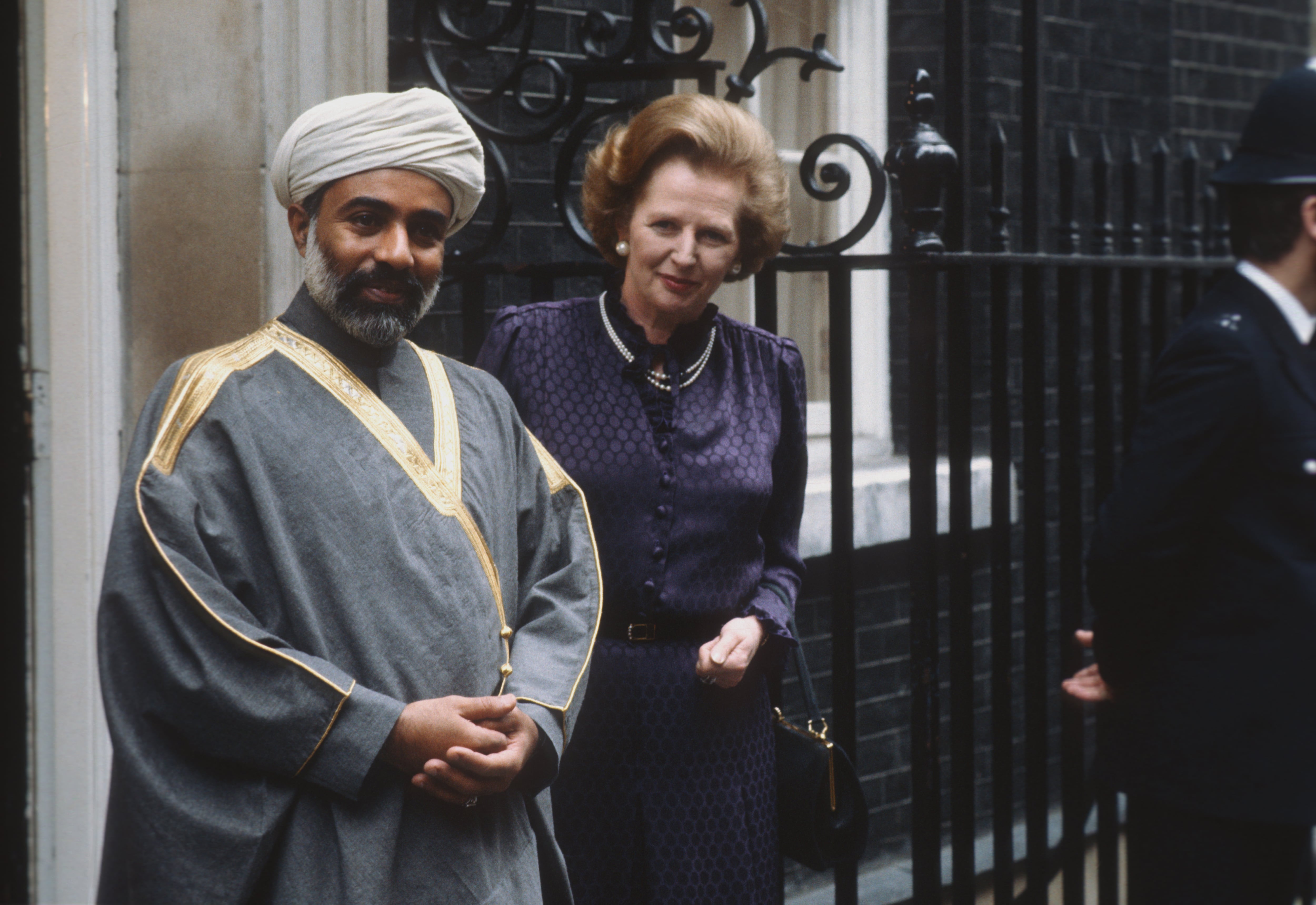 Sultan Qaboos with prime minister Margaret Thatcher at Downing Street in March 1982. Getty Images