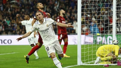 Real Madrid's Luka Modric celebrates after scoring the 1-0 goal during the Spanish LaLiga soccer match between Real Madrid and Sevilla, in Madrid, Spain, 22 October 2022. EPA / Rodrigo Jimenez
