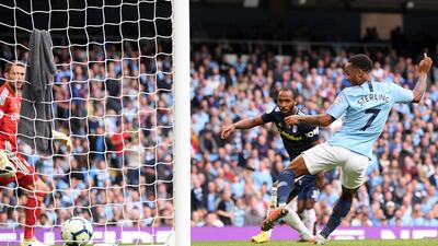 Raheem Sterling of Manchester City scores his team's third goal during the victory over Fulham - their 34th unbeaten match in a row against promoted teams at the Etihad Stadium. Getty Images