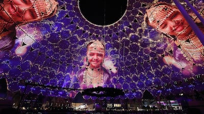 Artists performing during the UAE’s 50th National Day celebration at the Al Wasl plaza. Pawan Singh / The National