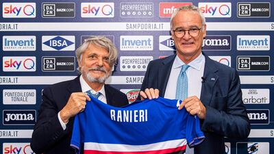 Sampdoria's new head coach Claudio Ranieri (R) poses for with the club's chairman Massimo Ferrero. EPA
