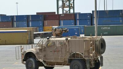 An armoured vehicle stationed at Aden's port as part of security measures put in place by coalition forces after Yemen's second city was liberated from Houthi rebels in mid July. Mohammed Al Qalisi / The National