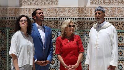 Jill Biden tours the Ben Youssef Madrasa in Marrakesh wearing a red Akris dress and trainers. AFP
