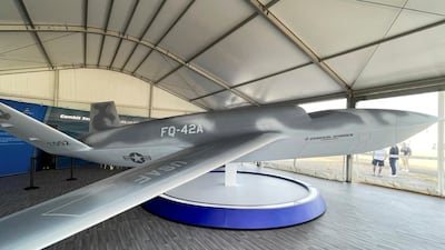 General Atomics displays its unmanned combat aircraft called Dark Merlin. Reuters