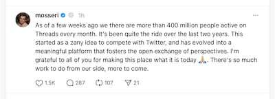 Instagram boss Adam Mosseri congratulates Meta's Threads team. Meta