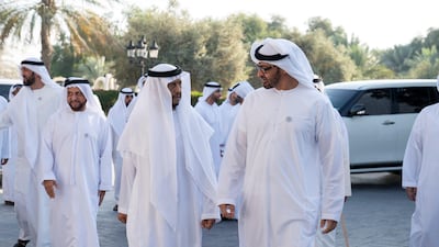 Sheikh Mohamed bin Zayed, Crown Prince and Deputy Supreme Commander of the Armed Forces, speaks with Sheikh Sultan bin Zayed during a Sea Palace barza in 2018. Ministry of Presidential Affairs