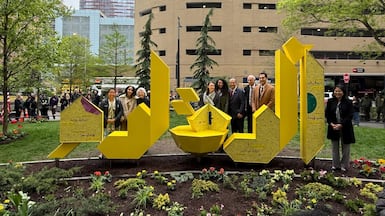 Al Qalam: Poets in the Park art installation at Elizabeth H Berger Plaza in New York's Financial District honouring Little Syria. Photo: New York City Department of Cultural Affairs
