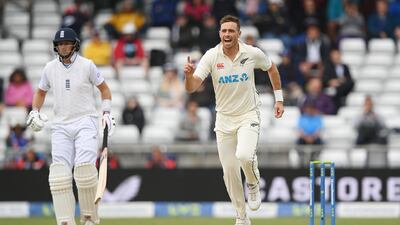 Tim Southee of New Zealand celebrates taking the wicket of England's Ollie Pope. Getty