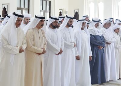 Sheikh Saud bin Rashid Al Mualla, Ruler of Umm Al Quwain, Sheikh Saud bin Saqr Al Qasimi, Ruler of Ras Al Khaimah, Sheikh Sultan bin Mohammed Al Qasimi, Crown Prince and Deputy Ruler of Sharjah, Sheikh Abdullah bin Salem Al Qasimi, Deputy Ruler of Sharjah, Sheikh Sultan bin Ahmed Al Qasimi, Deputy Ruler of Sharjah, Sheikh Ammar bin Humaid Al Nuaimi, Crown Prince of Ajman, Sheikh Mohammed bin Hamad Al Sharqi, Crown Prince of Fujairah, Sheikh Rashid bin Saud Al Mualla, Crown Prince of Umm Al Quwain, and Sheikh Mohammed bin Saud Al Qasimi, Crown Prince of Ras Al Khaimah, perform funeral prayers for Sheikha Hassa bint Humaid bin Abdulrahman Al Shamsi, the mother of the Ruler of Umm Al Quwain.