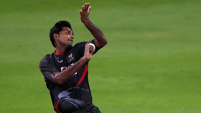 Amjad Javed of United Arab Emirates bowls during the Desert T20 against Namibia at Sheikh Zayed Cricket Stadium on January 15, 2017 in Abu Dhabi. Tom Dulat / Getty Images