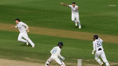England players celebrate after India's Rajat Patidar is bowled out by Rehan Ahmed for 32. Reuters