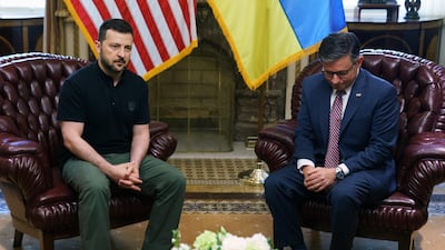 US House Speaker Mike Johnson and Ukrainian President Volodymyr Zelenskyy meet on Capitol Hill in Washington. EPA