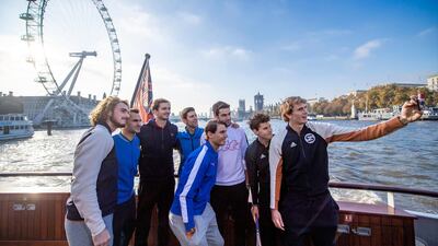 Dominic Thiem, Novak Djokovic, Matteo Berrettini, Roger Federer, Rafael Nadal, Alexander Zverev, Daniil Medvedev and Stefanos Tsitsipas take a selfie on the River Thames under the London Eye ahead of the 2019 Nitto ATP Finals. PA