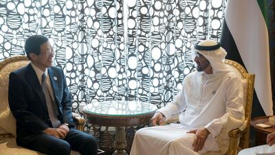 Sheikh Mohamed bin Zayed Al Nahyan, Crown Prince of Abu Dhabi and Deputy Supreme Commander of the UAE Armed Forces, and Toshiaki Kitamura, President and CEO of Inpex. Mohamed Al Hammadi/Crown Prince Court - Abu Dhabi ---