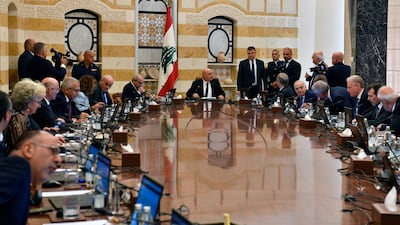 Lebanese President Joseph Aoun, centre, adresses ministers in a cabinet session at the presidential palace in Baabda, east of Beirut. EPA