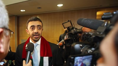 Sheikh Abdullah bin Zayed, the UAE Foreign Minister, addresses the media after the Dubai win. Remy de la Mauviniere / AP Photo