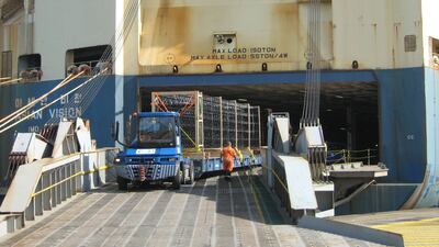 Giant carbon fibre Expo entry portals divided into sections, transported on trailer trucks from Germany to Antwerp and shipped to Jebel Ali and onto the Expo site in Dubai.