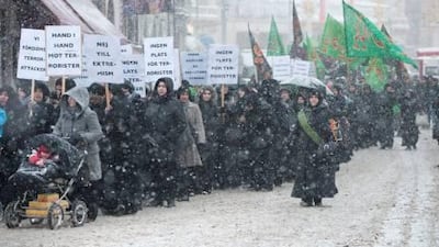 Waving placards saying ‘Hand in hand against terrorism’, “No to extremism’, ‘We condemn the terrorist attack’ and ‘No place for terrorists’, Swedish Muslims march to the parliament during a demonstration to condemn the recent bomb blasts by a lone attacker in Stockholm.