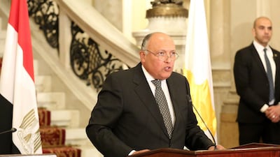 Egyptian Foreign Minister Sameh Shoukry speaks during a press conference following a meeting to discuss the Libya situation, in Cairo, Egypt, 8 January 2020. EPA/KARIM ABDELAZIZ