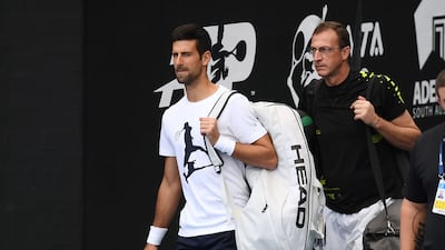 Novak Djokovic arrives on centre court to practice ahead of the 2023 Adelaide International. Getty