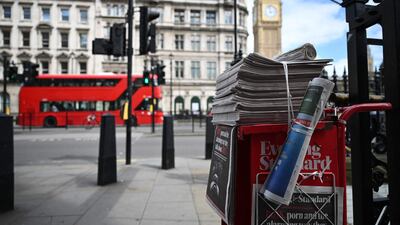 A news stand displays copies of the free London newspaper the Evening Standard in central London on May 29. AFP
