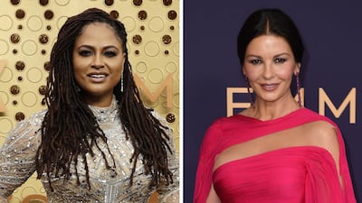 Arab fashion at the 2019 Emmy Awards: Ava DuVernay wore Reem Acra, and Catherine Zeta Jones chose a Georges Hobeika gown. EPA, AFP