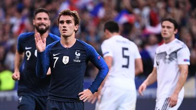 Antoine Griezmann celebrates after scoring the winning goal for France against Germany in the Uefa Nations League on Tuesday. AFP