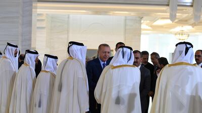 Turkish President Tayyip Erdogan meets with Qatar's Emir Sheikh Tamim bin Hamad al-Thani in Doha, Qatar, November 25, 2019. Mustafa Oztartan/Presidential Press Office/Handout via REUTERS ATTENTION EDITORS - THIS PICTURE WAS PROVIDED BY A THIRD PARTY. NO RESALES. NO ARCHIVE
