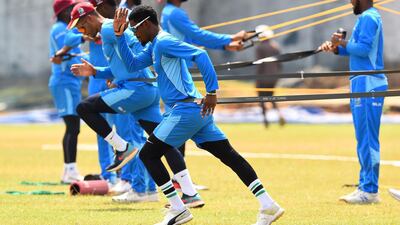 West Indies cricketers during practice at the Marians Cricket Club Ground in Katunayake on Wednesday, February 19, ahead of the first one-day international in Sri Lanka. AFP