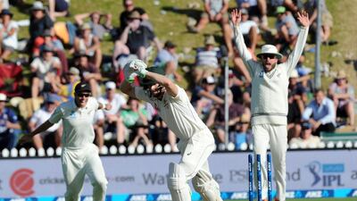 Australia’s Adam Voges survives a bowling after New Zealand’s Doug Bracewell was no balled on the first day of the first Test at Basin Reserve, Wellington, New Zealand, Friday, Feb. 12, 2016. (Ross Setford/SNPA via AP)