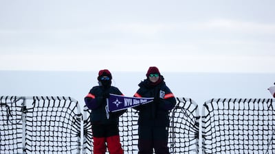 Clare Eayrs and Daiane Faller from NYUAD get ready to deploy onto the sea ice on a chilly spring morning in 2019.