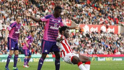 Stoke City’s Wilfried Bony in action with Sunderland’s Papy Djilobodji on Oct. 15, 2016. Carl Recine / Reuters
