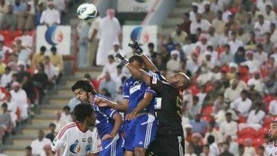 Ali Kasheif, right, punches the ball clear during a Pro League match for Al Jazira against Al Nasr earlier this season. Lee Hoagland / The National