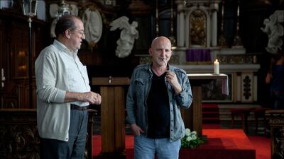 Josse De Pauw, left, and Dominique Deruddere on the set of Flying Home. Courtesy Dominique Deruddere