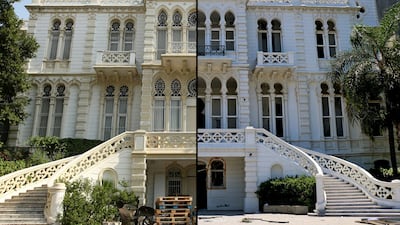 (Left) Photo of the Nicolas Sursock Museum, once a private home built in 1912, in Lebanon's capital Beirut, on June 27, 2008; (Right) The damaged facade and broken glass windows in the aftermath of port blast in 2020. AFP