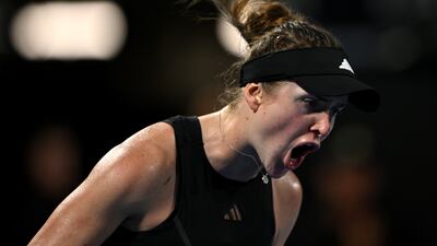 Elina Svitolina celebrates after winning a point against Emma Raducanu. Getty Images