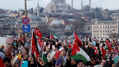 People gather over the Galata Bridge in solidarity with Palestinian New Year's Day in Istanbul. Reuters