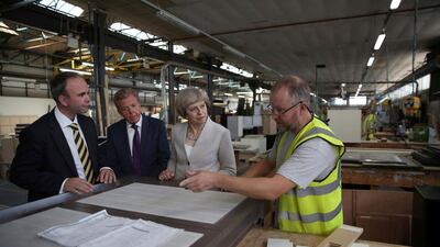 Britain's prime minister Theresa May visits a joinery factory in London. The UK's services sector recorded a strong surge in August. Neil Hall / Reuters