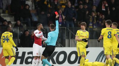 Arsenal's Alexandre Lacazette is sent off in the closing stages of his side's loss to BATE Borisov. EPA