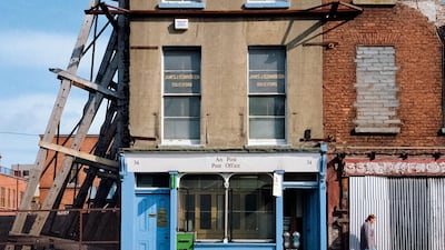 An Irish post office on Lower Ormond Quay, Dublin, from 1988. Many of Dublin's Georgian-era buildings were in disrepair at this time.