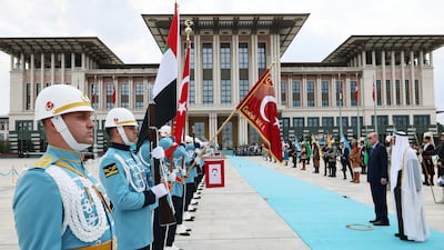 Turkish President Tayyip Erdogan welcomes President of the United Arab Emirates Sheikh Mohamed bin Zayed at the Presidential Palace in Ankara, Turkey, on July 16, 2025. Reuters
