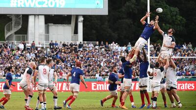France's lock Paul Gabrillagues (2R) and US lock Nick Civetta (R) jump for the ball in a line out during the Japan 2019 Rugby World Cup Pool C match between France and the United States at the Fukuoka Hakatanomori Stadium in Fukuoka. AFP