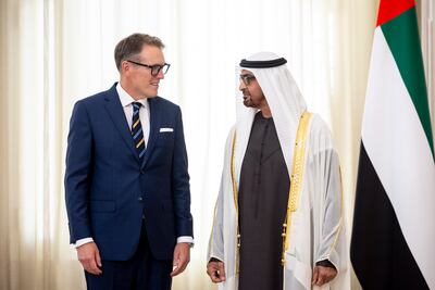 President Sheikh Mohamed receives diplomatic credentials from Fredrik Floren, Sweden's ambassador to the UAE. Ryan Carter / UAE Presidential Court