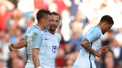 England’s Jamie Vardy (L) celebrates with his teammate Danny Drinkwater (C) after scoring the 2-1 lead during the international friendly match between England and Turkey in Manchester, Britain, 22 May 2016. Peter Powell / EPA
