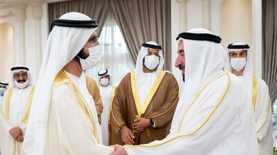 Sheikh Mohammed bin Rashid, Vice-President and Ruler of Dubai, meets Sheikh Dr Sultan bin Muhammad Al Qasimi, UAE Supreme Council Member and Ruler of Sharjah, during an Eid Al Adha reception at Mushrif Palace.