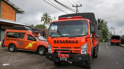 Search and rescue vehicles on standby at an emergency shelter in Karangasem, Bali, Indonesia. Made Nagi / EPA