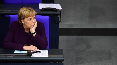 epa07978598 German Chancellor Angela Merkel looks on as she attends a session of the German parliament Bundestag in Berlin, Germany, 07 November 2019. EPA/CLEMENS BILAN